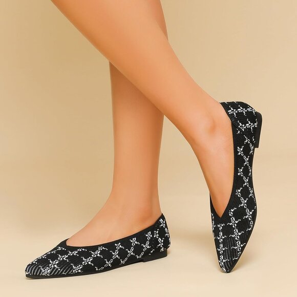 Women's Flats Shoes Pointed Toe Ballet Comfortable Dressy Slip On Stripe Black - Picture 6 of 6